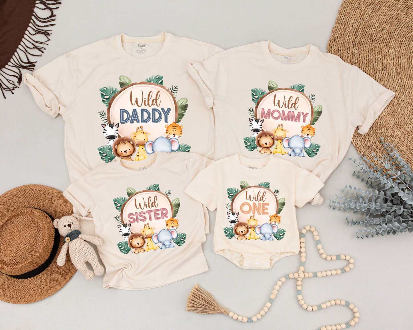 Personalized Wild One Safari Family Matching Birthday Shirts for Boys, Soft Cartoon Pastel Jungle Animal Family Outfit