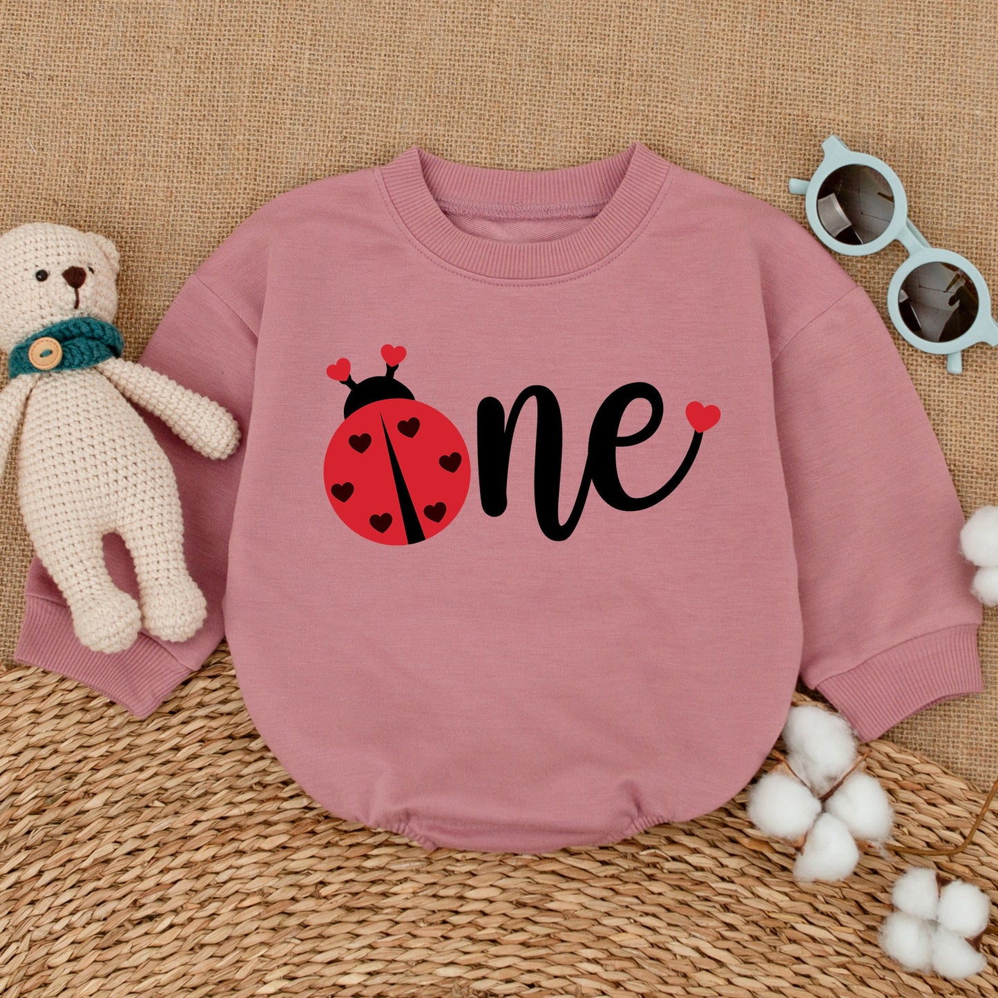 Baby Girl Cute Red Ladybug One First Birthday Romper Bodysuit Outfit with Black Hearts Design Comfortable Soft Sweatshirt Style