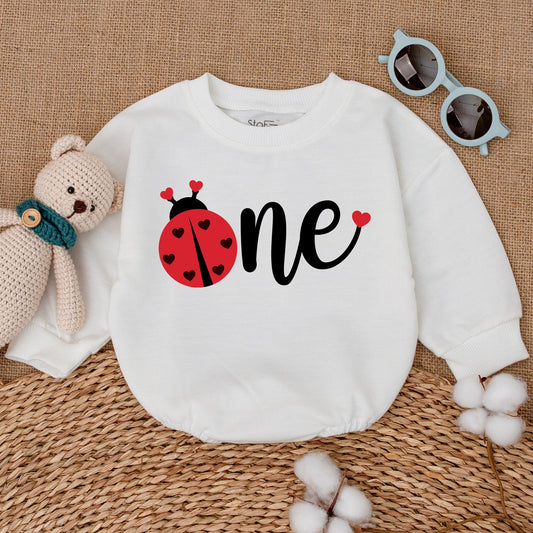 Baby Girl Cute Red Ladybug One First Birthday Romper Bodysuit Outfit with Black Hearts Design Comfortable Soft Sweatshirt Style