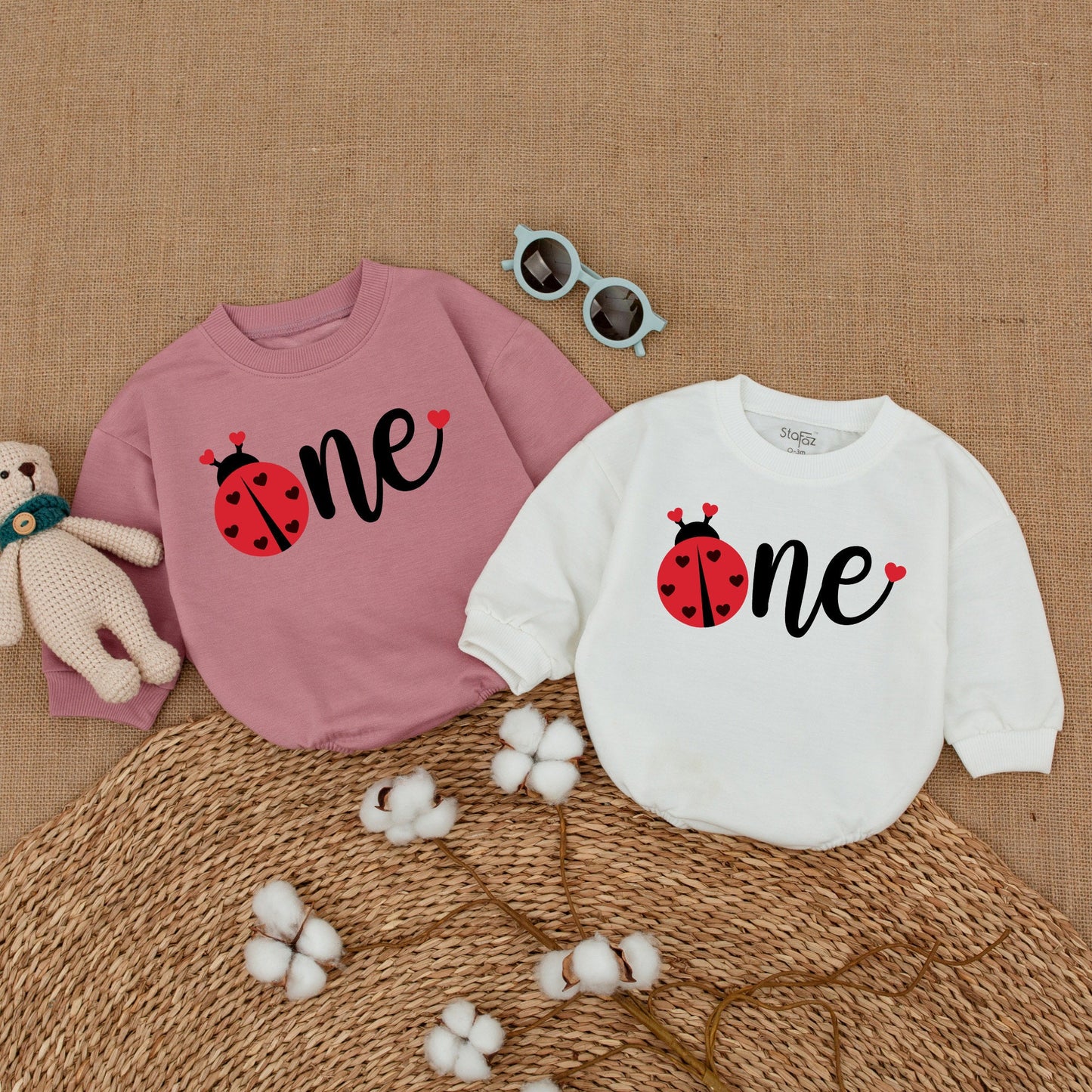 Baby Girl Cute Red Ladybug One First Birthday Romper Bodysuit Outfit with Black Hearts Design Comfortable Soft Sweatshirt Style