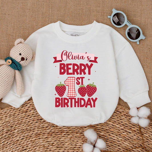 Personalized Berry 1st Birthday Romper for Baby Girl with Strawberry Gingham Design Bubble Bodysuit Smash Cake Outfit Shower Gift