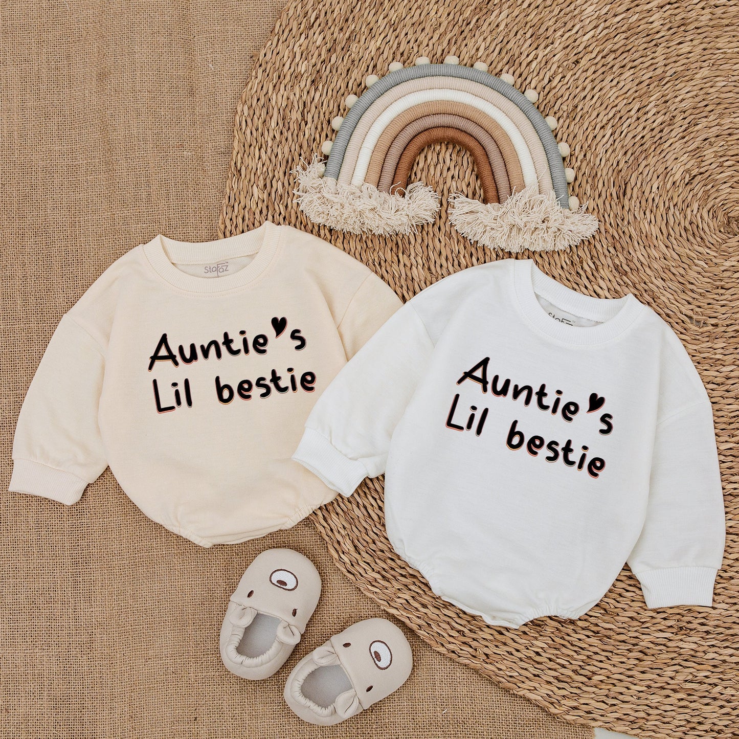 Auntie's Lil Bestie Baby Romper Newborn Gift Cute Whimsical Outfit Black Orange Pink Heart Infant Bodysuit Clothes Pregnancy Announcement