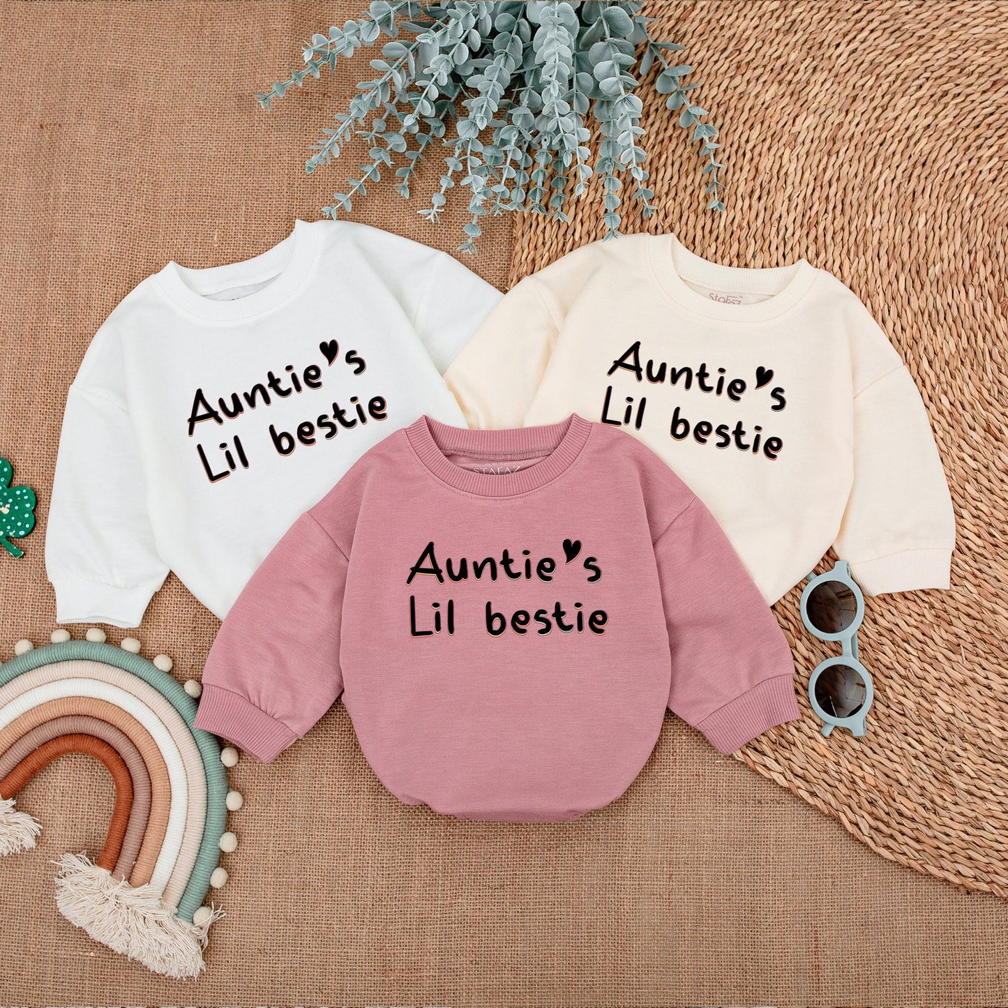 Auntie's Lil Bestie Baby Romper Newborn Gift Cute Whimsical Outfit Black Orange Pink Heart Infant Bodysuit Clothes Pregnancy Announcement