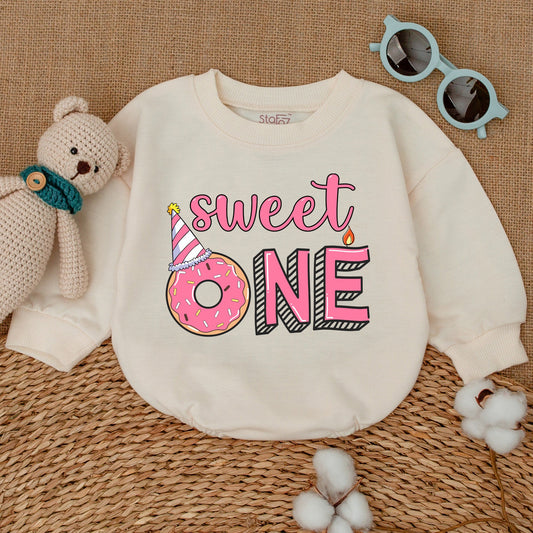 Sweet One Donut First Birthday Girl Romper Bodysuit Whimsical Pink Outfit Smash Cake Party Celebration Bubble Romper Baby Shower Gift