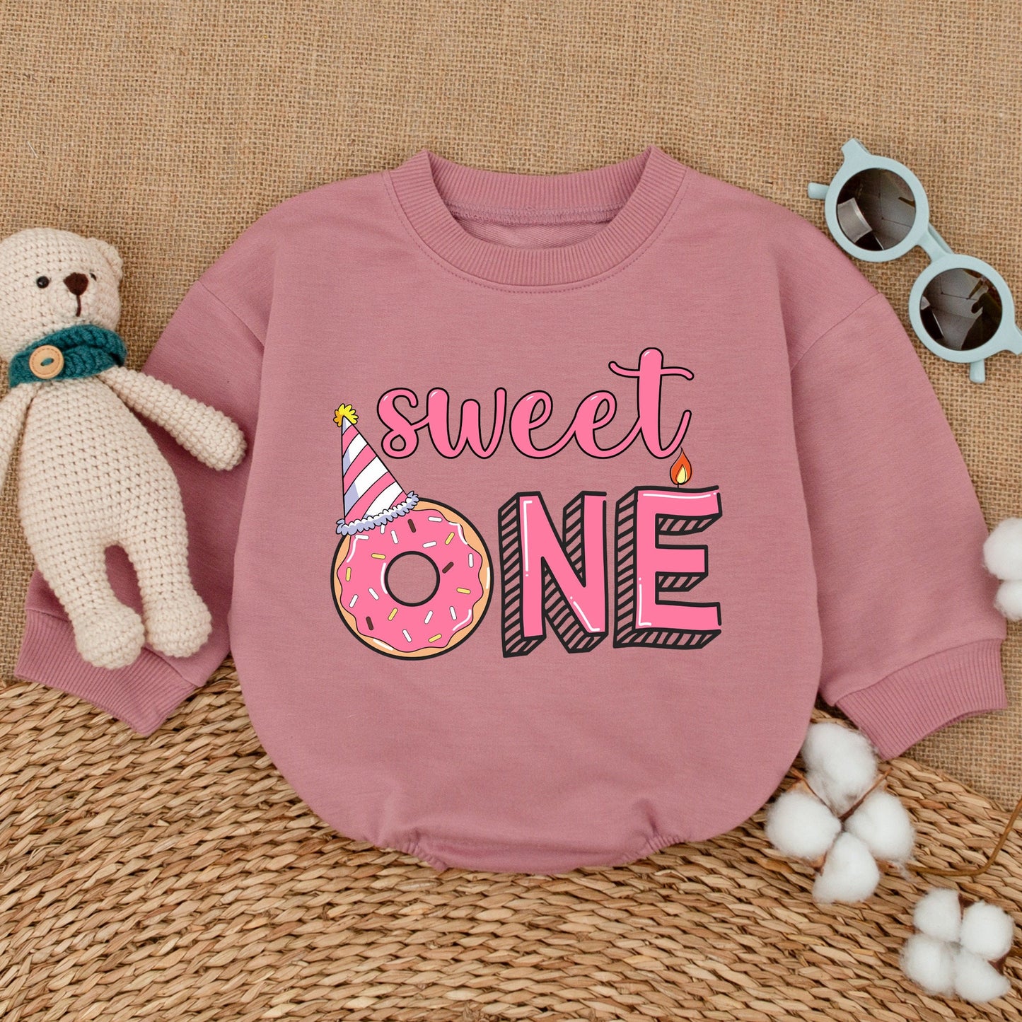 Sweet One Donut First Birthday Girl Romper Bodysuit Whimsical Pink Outfit Smash Cake Party Celebration Bubble Romper Baby Shower Gift
