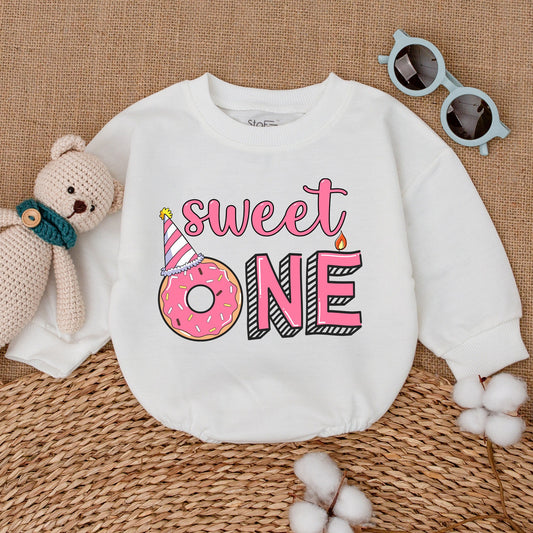 Sweet One Donut First Birthday Girl Romper Bodysuit Whimsical Pink Outfit Smash Cake Party Celebration Bubble Romper Baby Shower Gift