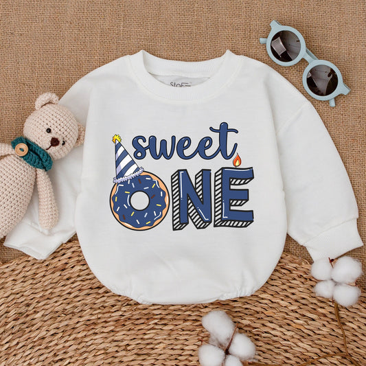 Sweet One Blue Donut Boy Romper First Birthday Outfit Smash Cake Baby Bodysuit Donut Grow Up Party Celebration Gift Cute Design
