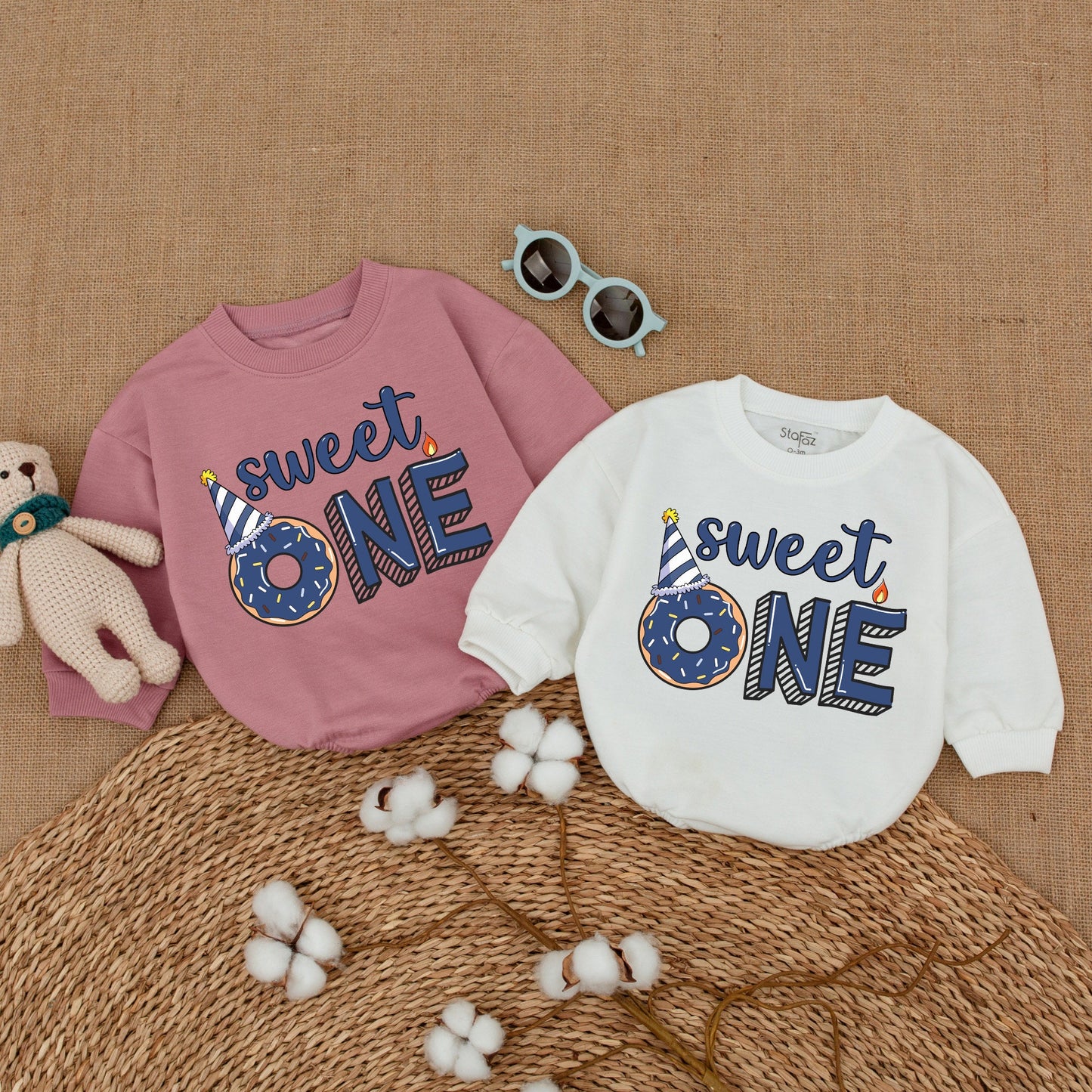 Sweet One Blue Donut Boy Romper First Birthday Outfit Smash Cake Baby Bodysuit Donut Grow Up Party Celebration Gift Cute Design