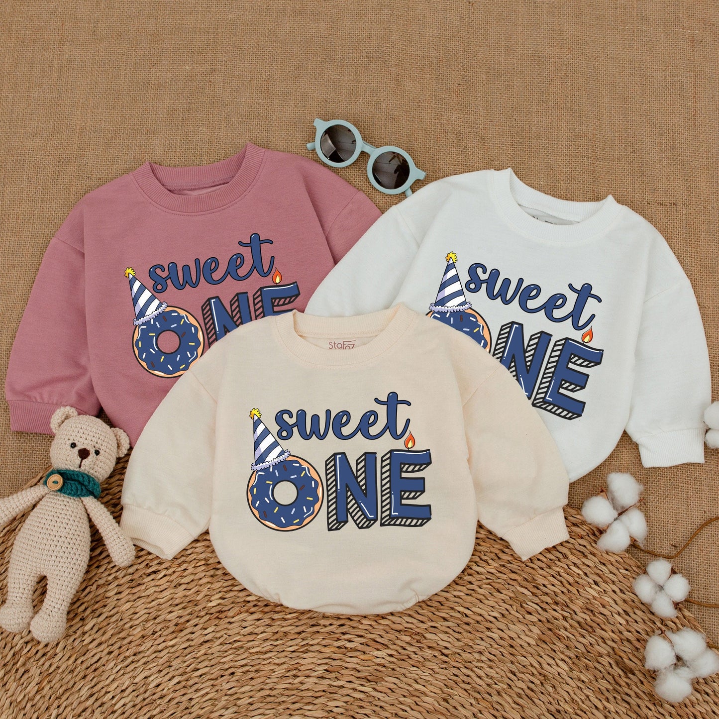 Sweet One Blue Donut Boy Romper First Birthday Outfit Smash Cake Baby Bodysuit Donut Grow Up Party Celebration Gift Cute Design