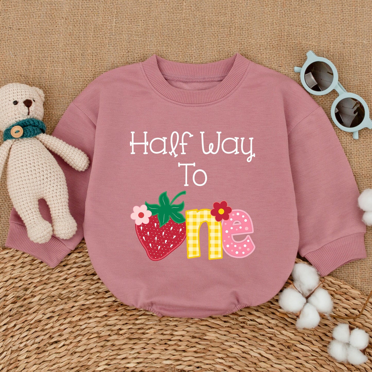 Strawberry Half Way To One Baby Romper Whimsical Six Month 1/2 Birthday Bodysuit Cheerful Red Strawberry Gingham Polka Dot Girls Celebration Outfit Baby Shower Gift