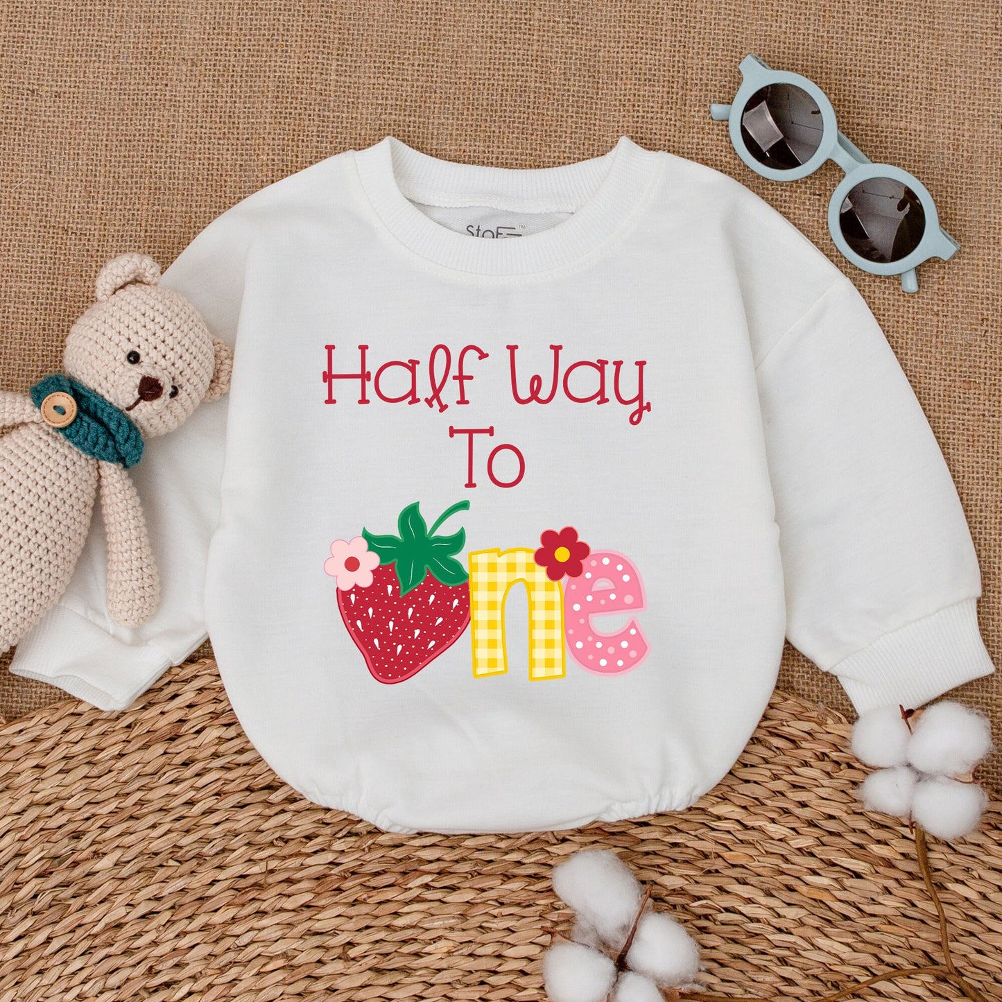 Strawberry Half Way To One Baby Romper Whimsical Six Month 1/2 Birthday Bodysuit Cheerful Red Strawberry Gingham Polka Dot Girls Celebration Outfit Baby Shower Gift