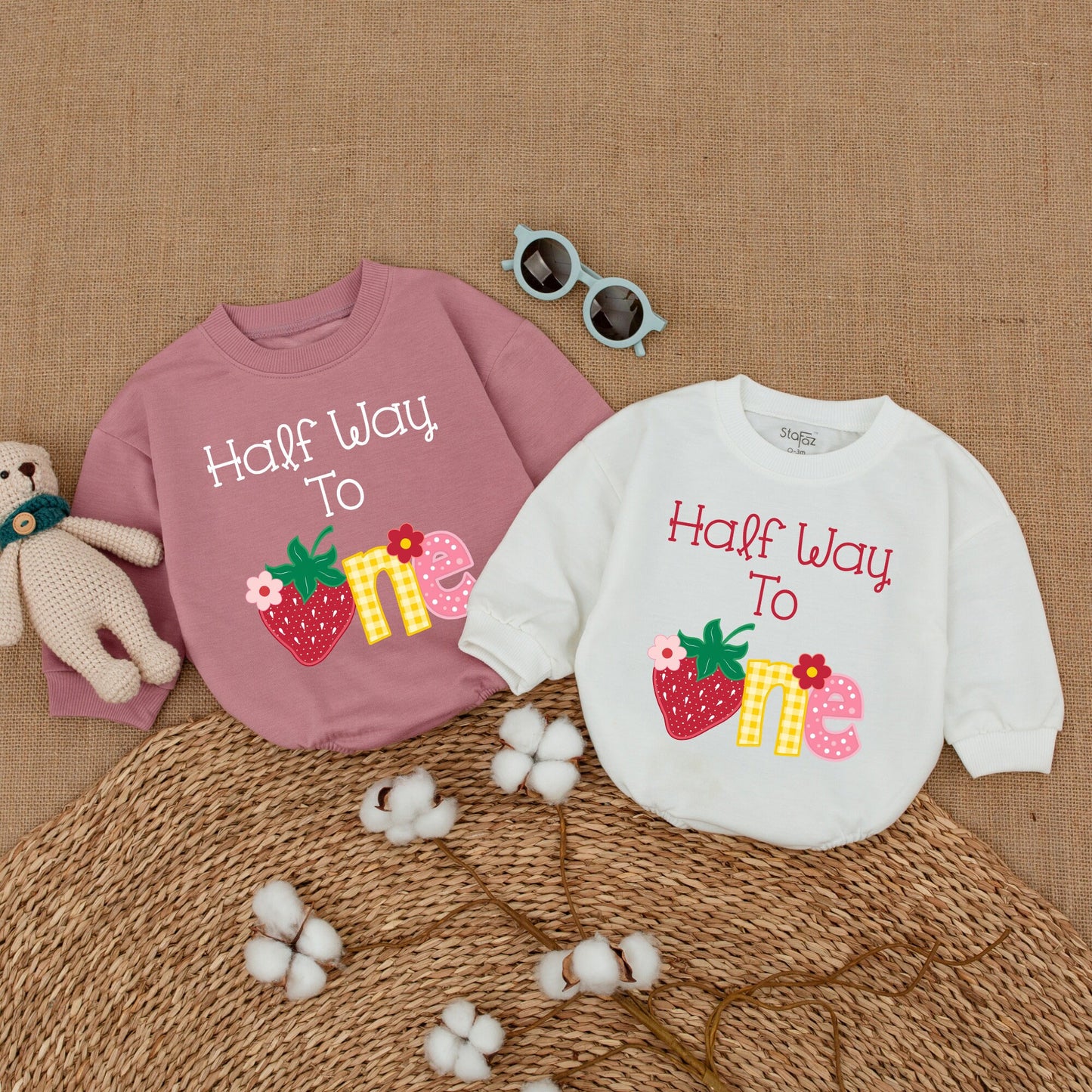 Strawberry Half Way To One Baby Romper Whimsical Six Month 1/2 Birthday Bodysuit Cheerful Red Strawberry Gingham Polka Dot Girls Celebration Outfit Baby Shower Gift