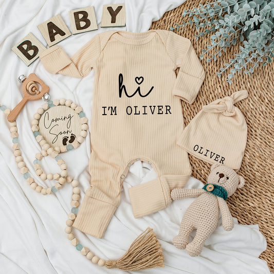 Baby Girl Coming Home Outfit Vintage Hello World Bodysuit and Hat Set Soft Newborn Personalized Baby Shower Gift
