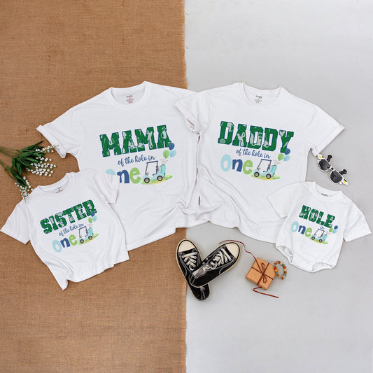 Mommy and Me Matching Golf Hole in One Birthday Family Outfits for First Celebration with Mama Daddy Sister designs natural baby bodysuit golf cart balloons