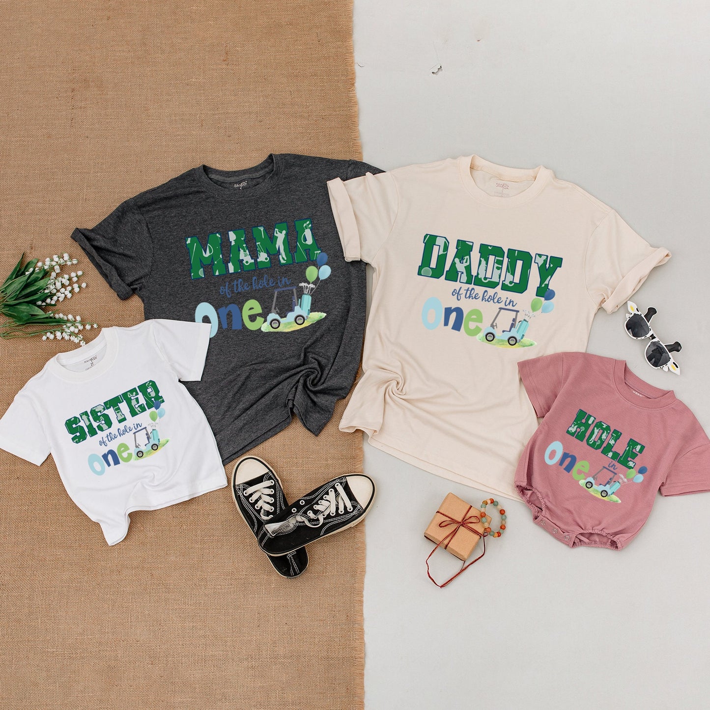 Mommy and Me Matching Golf Hole in One Birthday Family Outfits for First Celebration with Mama Daddy Sister designs natural baby bodysuit golf cart balloons