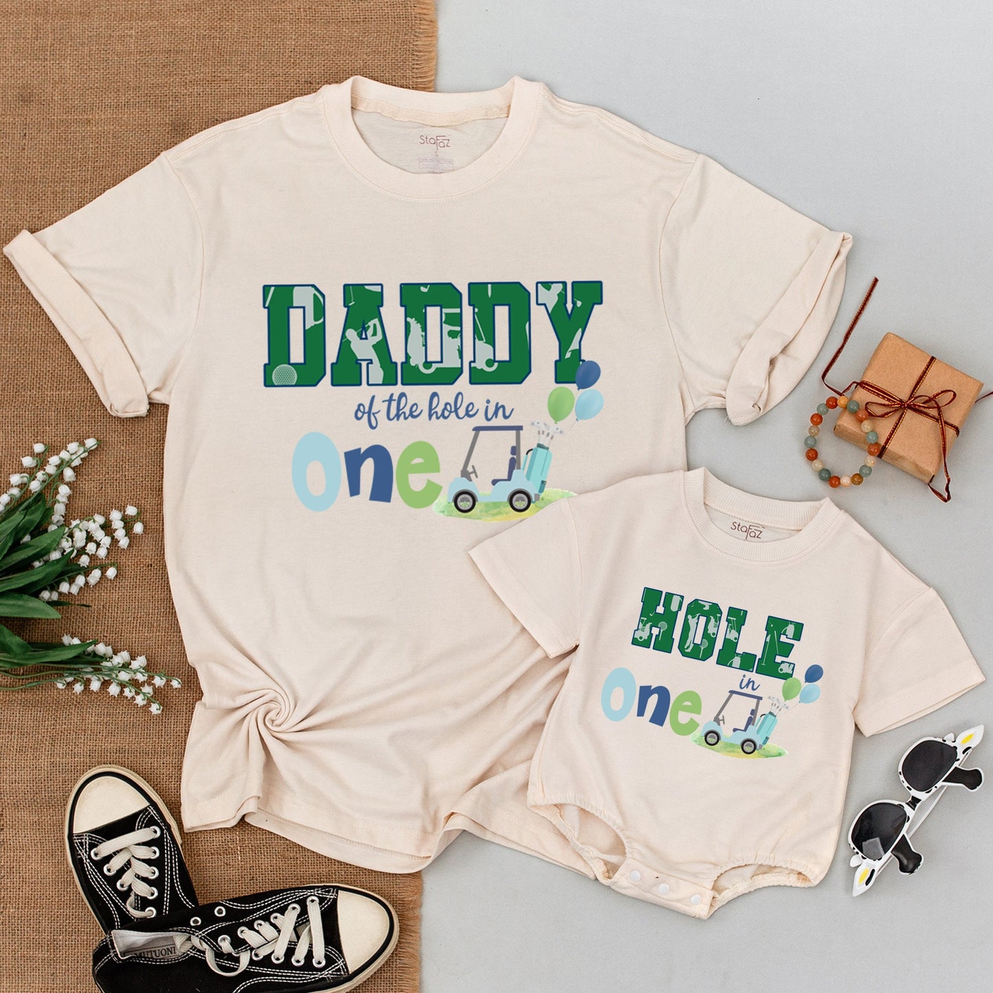 Mommy and Me Matching Golf Hole in One Birthday Family Outfits for First Celebration with Mama Daddy Sister designs natural baby bodysuit golf cart balloons