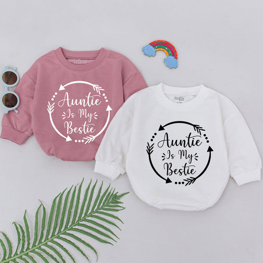 Auntie Is My Bestie Baby Romper New Newborn Outfit Sweet Gift for Auntie Girls Boys Playful Script Design Circular Arrows Dots Baby Announcement Idea