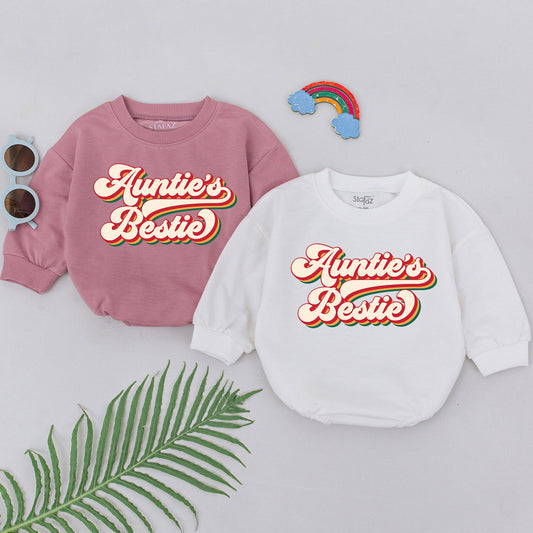 Auntie's Bestie Retro Romper New Baby Outfit for Girls Boys, Soft Cotton Newborn Baby Shower & Announcement Gift from New Auntie