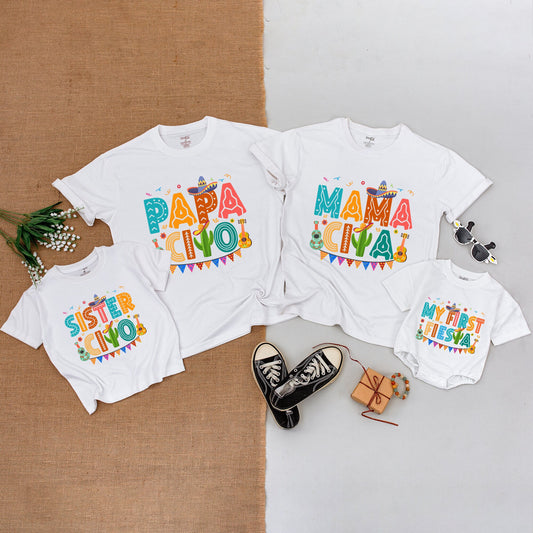 My First Fiesta Birthday Shirt Family Matching Outfits Mama Papa Cinco Abuela Mexican Theme Baby Bodysuit Colorful Sombrero Cactus Guitar Design