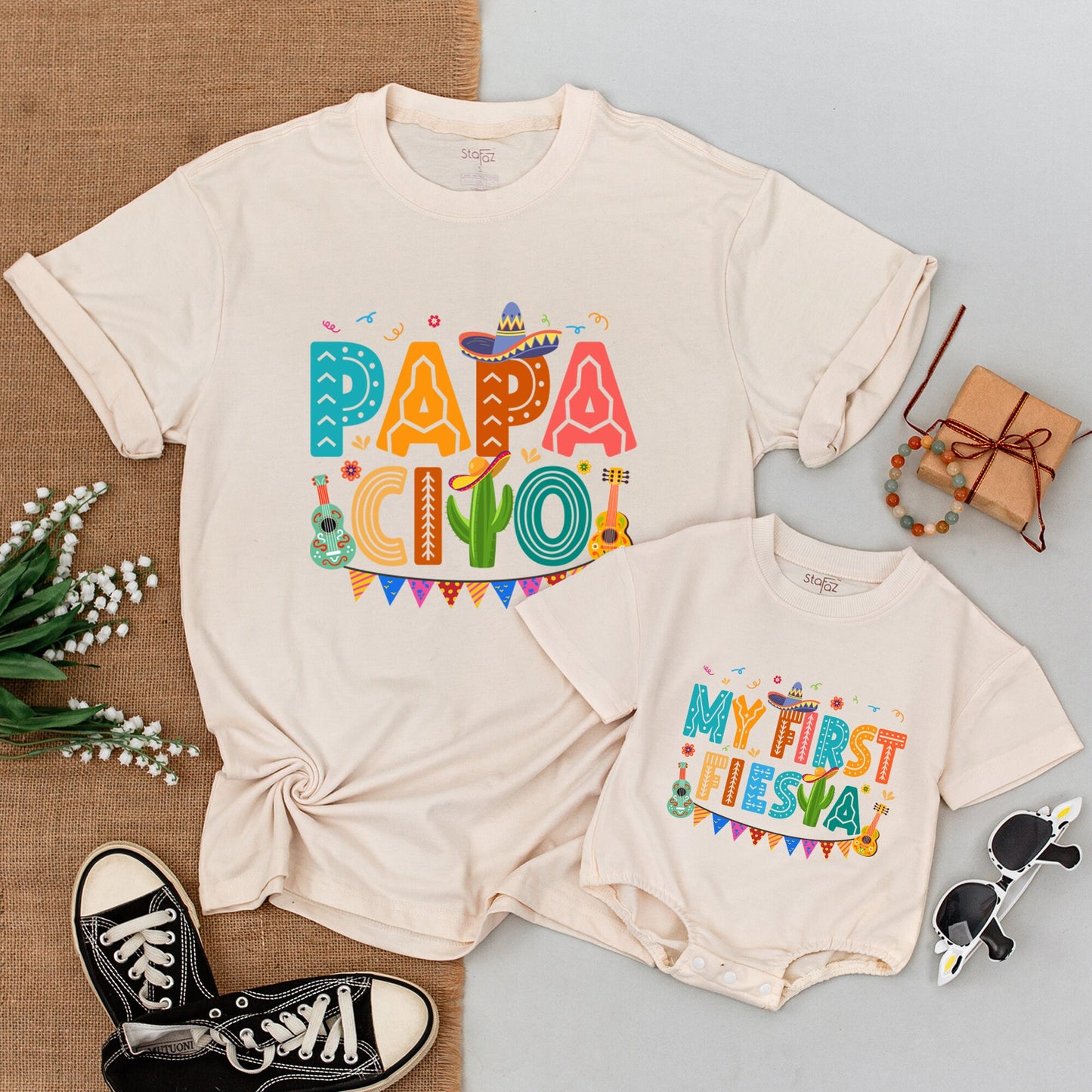 My First Fiesta Birthday Shirt Family Matching Outfits Mama Papa Cinco Abuela Mexican Theme Baby Bodysuit Colorful Sombrero Cactus Guitar Design