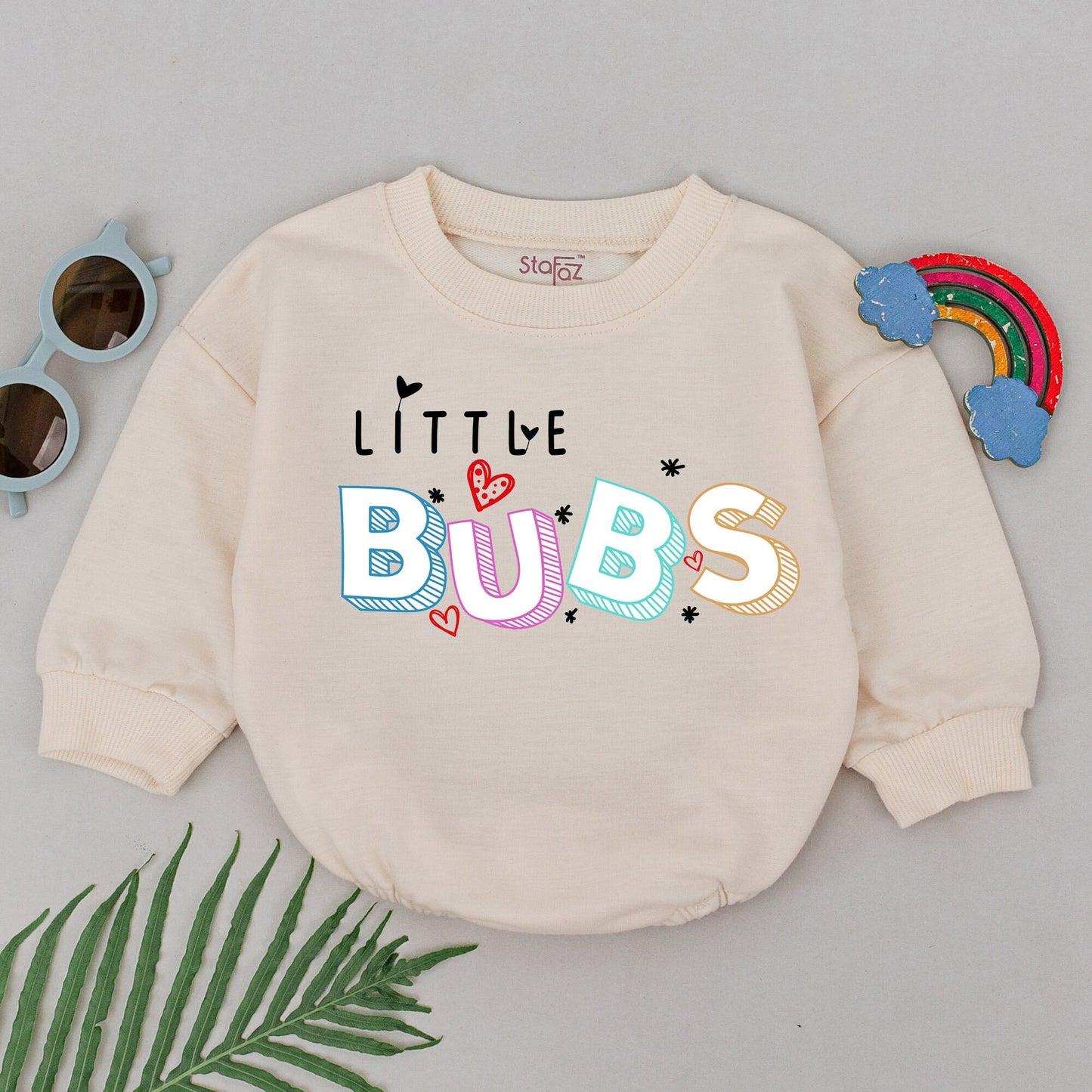 Mama's Little Boy LITTLE BUBS Romper Playful Baby Outfit with Colorful 3D Letters Hearts & Asterisks Adorable Bodysuit Baby Shower Gift