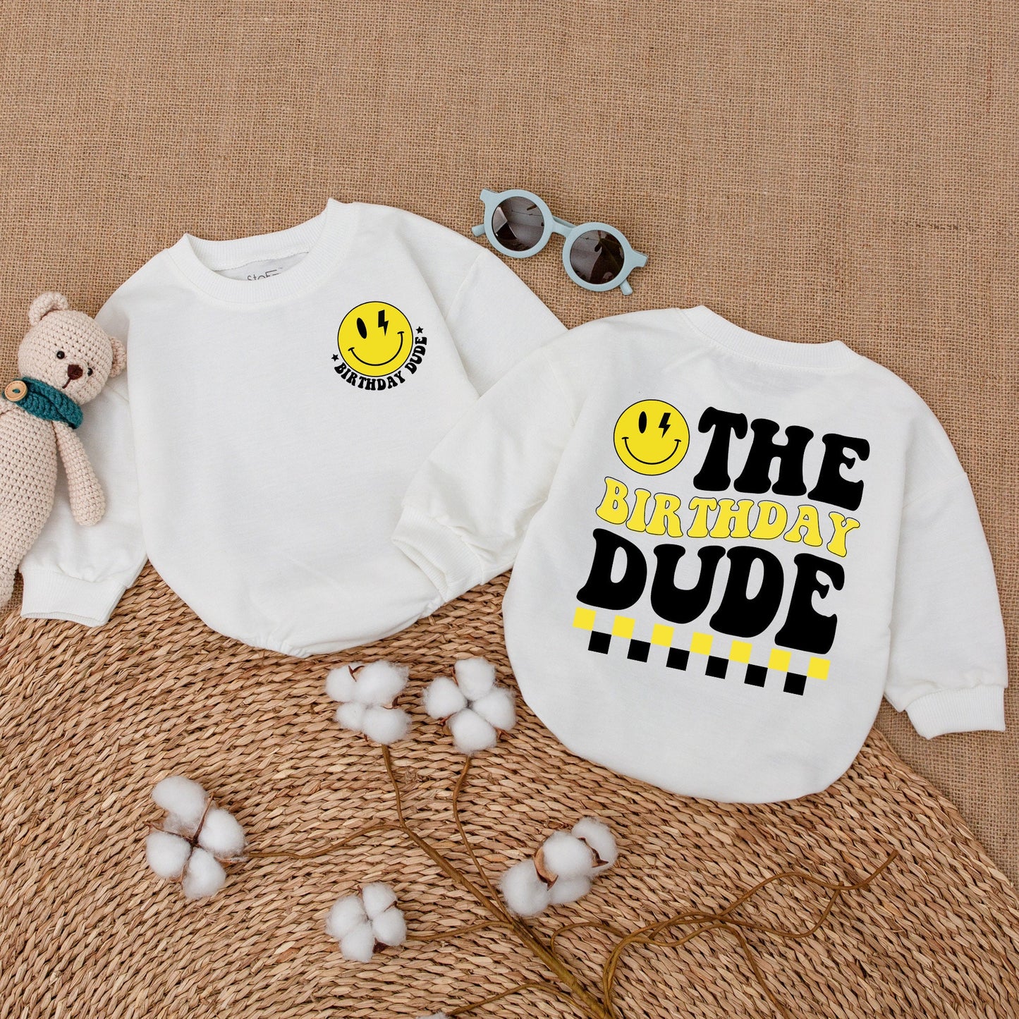 Baby Boy Birthday Dude Romper Smiley Face Lightning Bolt Retro Outfit One Cool Dude Bodysuit Yellow Black White Playful Infant Shower Gift