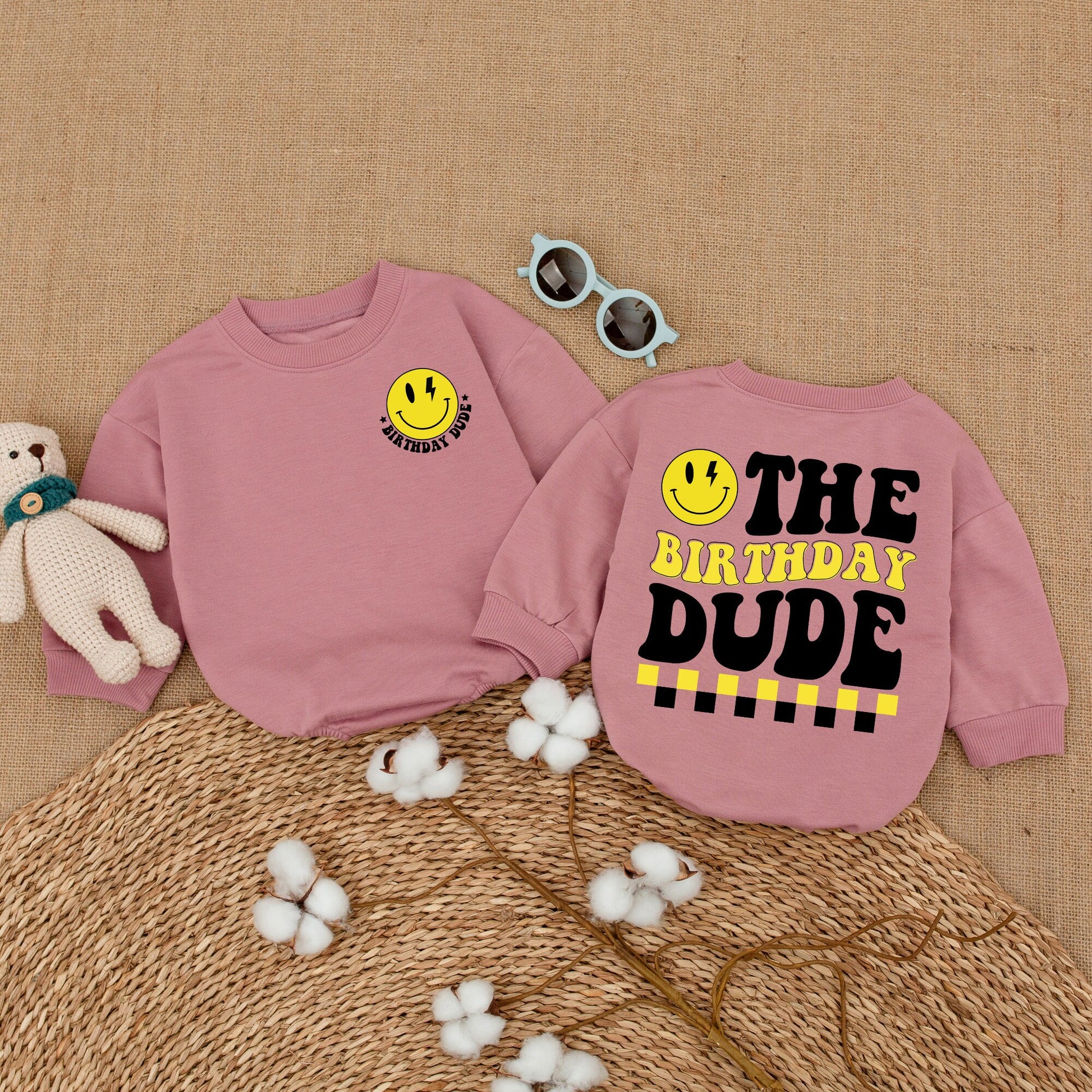 Baby Boy Birthday Dude Romper Smiley Face Lightning Bolt Retro Outfit One Cool Dude Bodysuit Yellow Black White Playful Infant Shower Gift