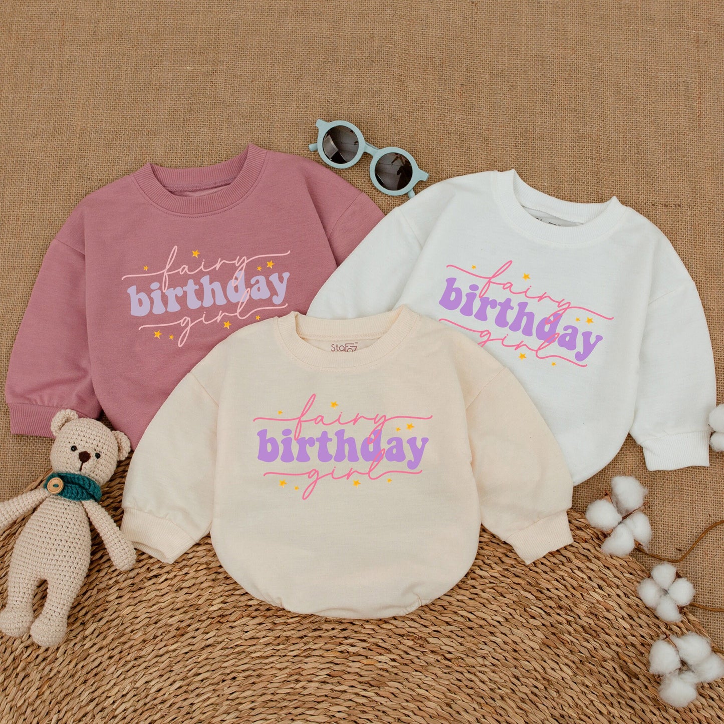 Fairy Birthday Girl Romper Fairytale Princess Baby Bodysuit Pink Purple Yellow Star Design Soft Cotton Comfortable Outfit Gift