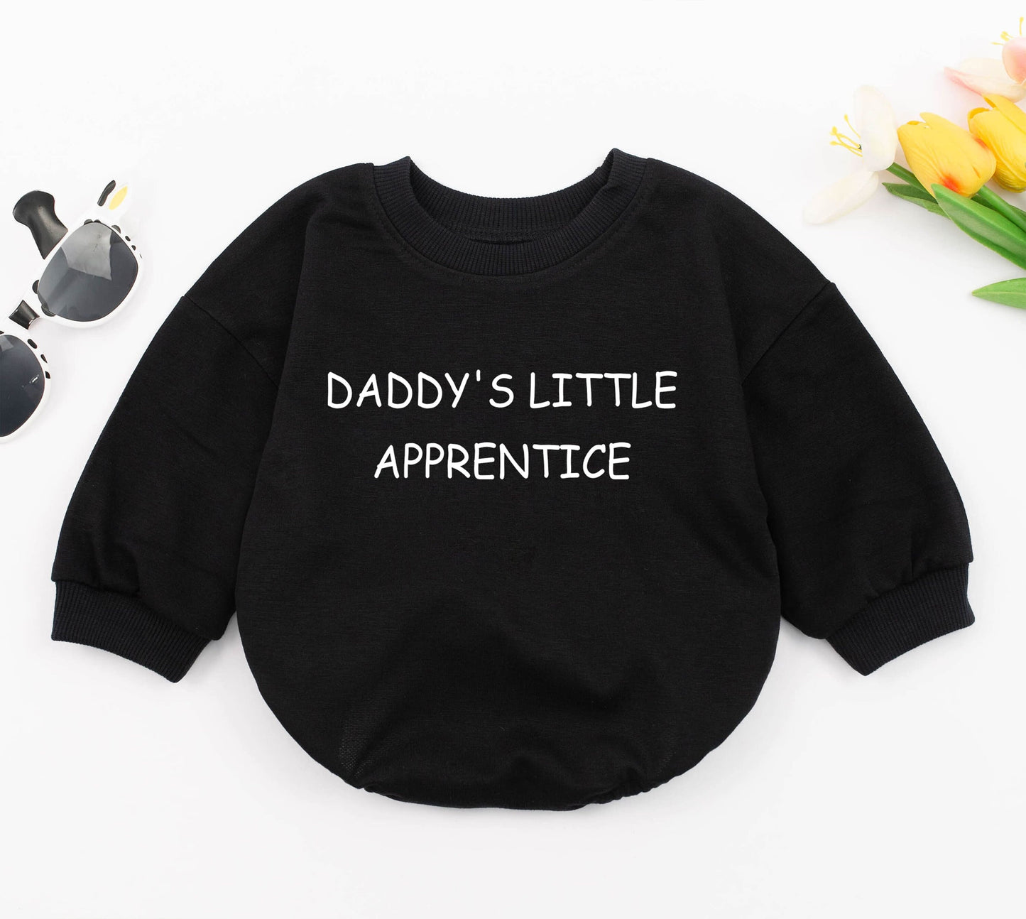 Daddy's Little Apprentice minimalist black text baby romper, a cute funny bodysuit gift for new dads, 1st Father's Day, soft comfy cotton.