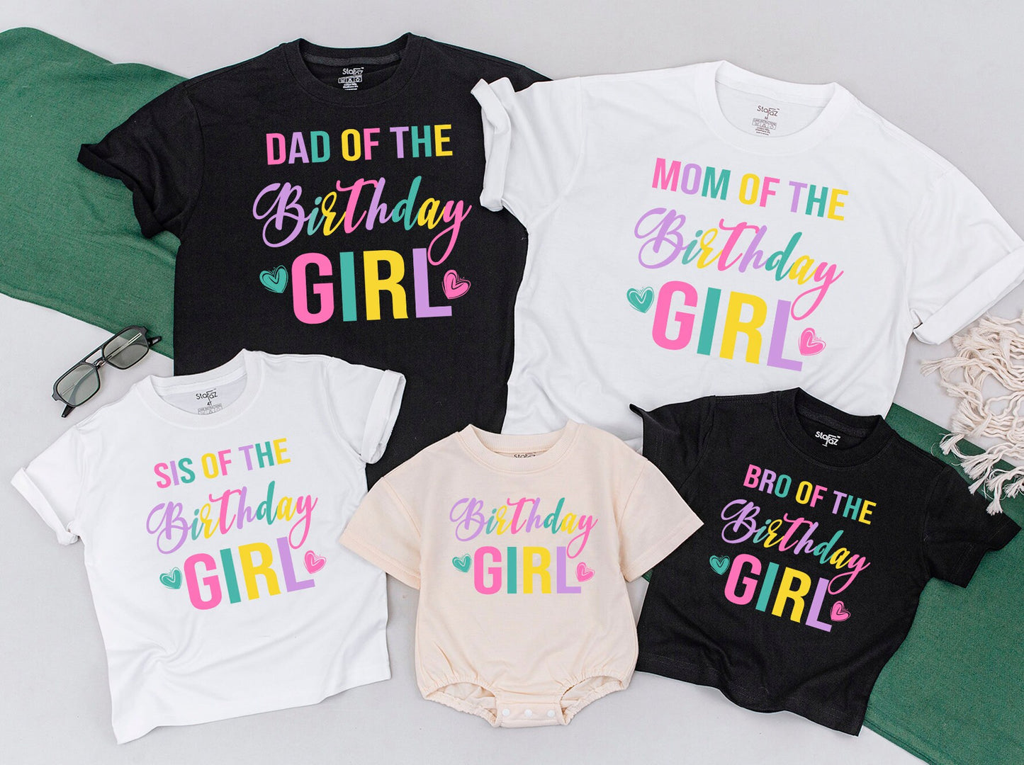 Colorful Birthday Girl Family Matching Shirts for Mom Dad and entire family sweet first birthday party celebration soft cotton comfortable