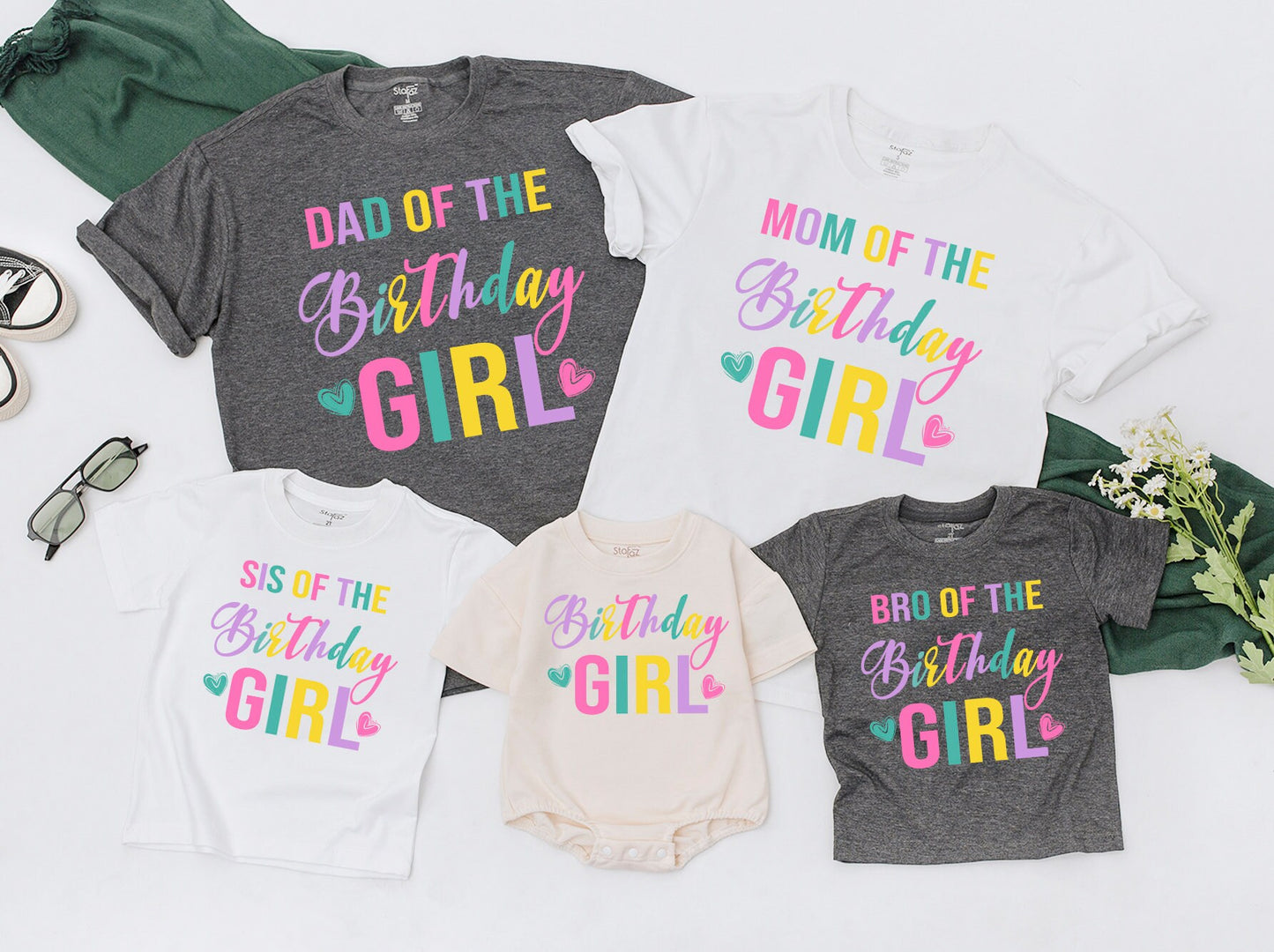 Colorful Birthday Girl Family Matching Shirts for Mom Dad and entire family sweet first birthday party celebration soft cotton comfortable