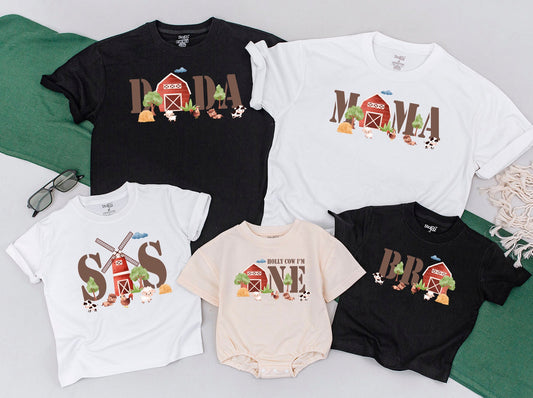 Holy Cow I'm One Farm First Birthday Shirts, Matching Family Barn Party T-Shirt, Whimsical Cow Chickens Sheep Earth Tone Celebration