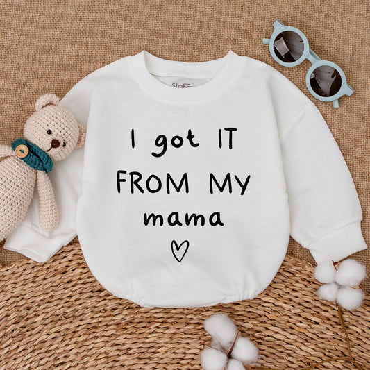 I Got It From My Mama Baby Romper Bodysuit Mother's Day Gift Mama's Bestie Outfit Soft Cotton Minimalist Black Ink Heart Design New Mom Shower Present