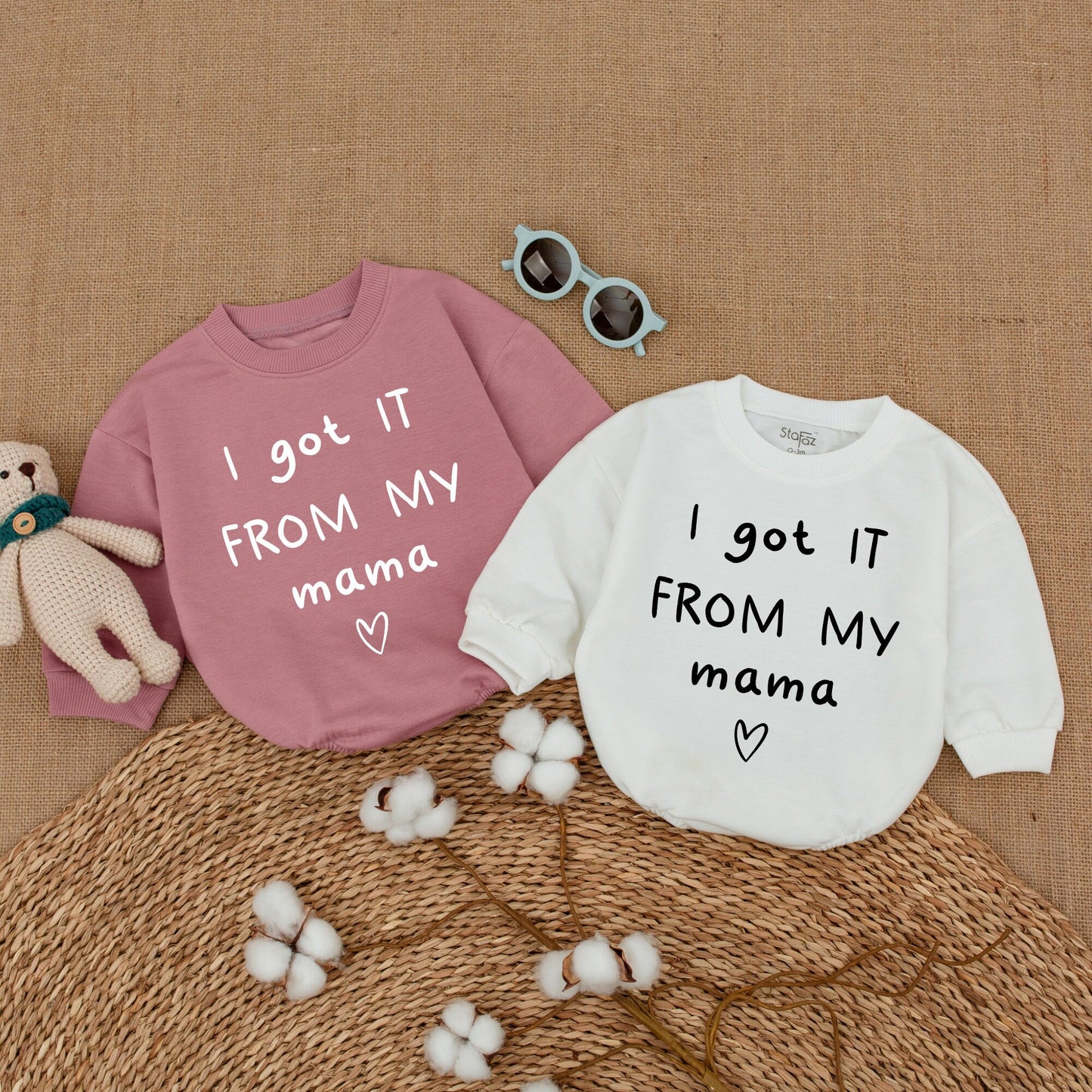 I Got It From My Mama Baby Romper Bodysuit Mother's Day Gift Mama's Bestie Outfit Soft Cotton Minimalist Black Ink Heart Design New Mom Shower Present