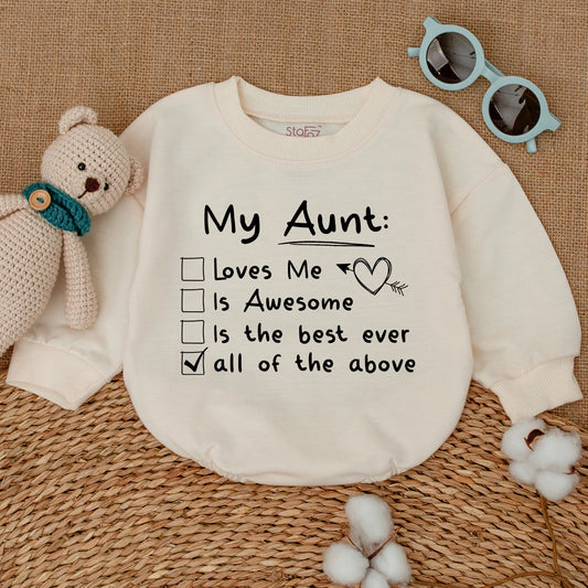 My Aunt Loves Me Checklist Baby Romper Bodysuit Auntie's Bestie Adorable Cute Newborn Outfit Best Aunt Ever Black Ink Design Baby Shower Gift