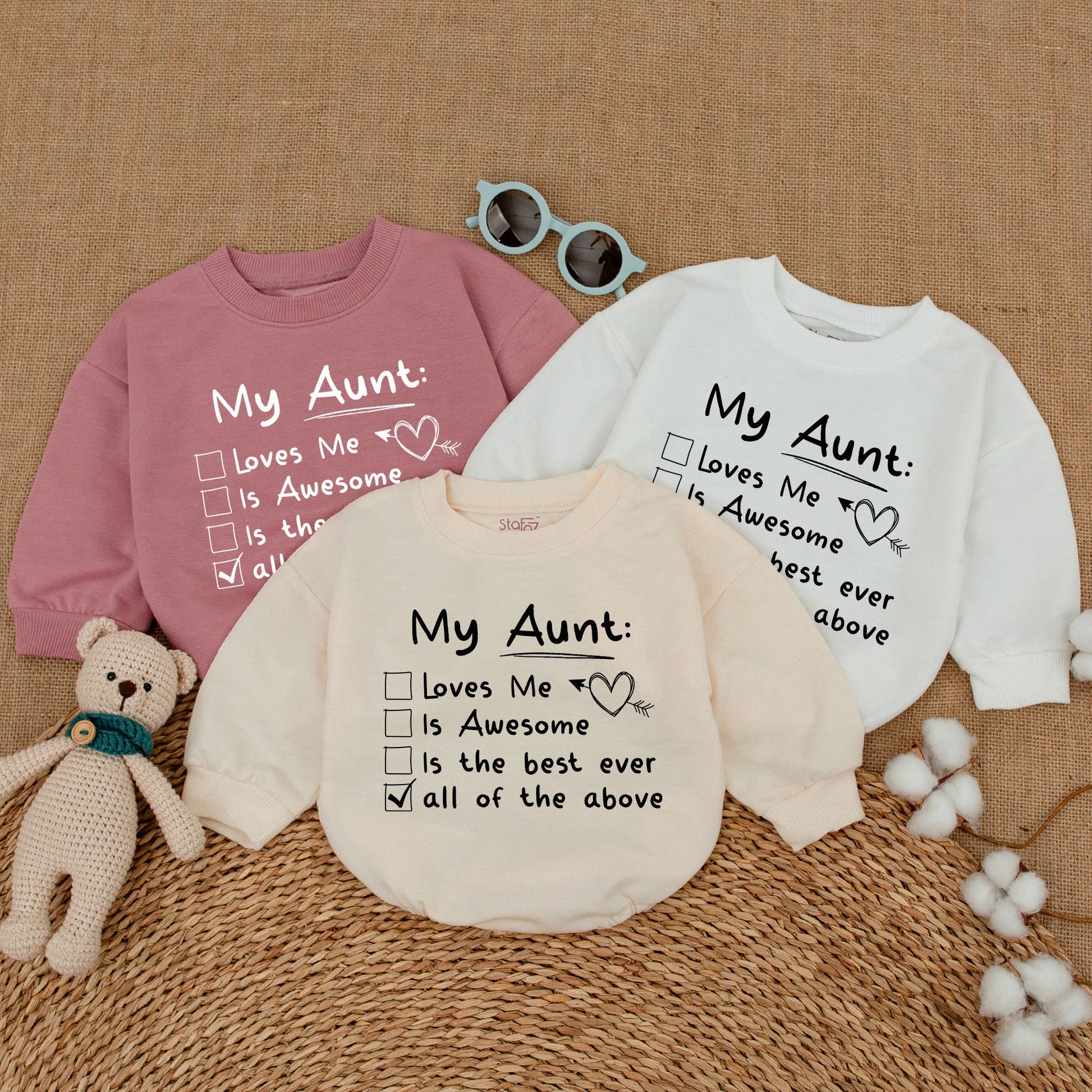 My Aunt Loves Me Checklist Baby Romper Bodysuit Auntie's Bestie Adorable Cute Newborn Outfit Best Aunt Ever Black Ink Design Baby Shower Gift