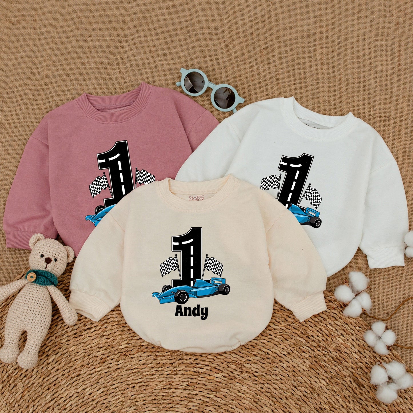 Personalized Open Wheel Race Car First Birthday Romper Baby Boy Checkered Flag Bodysuit with Andy Name Custom Cartoonish Racing Outfit