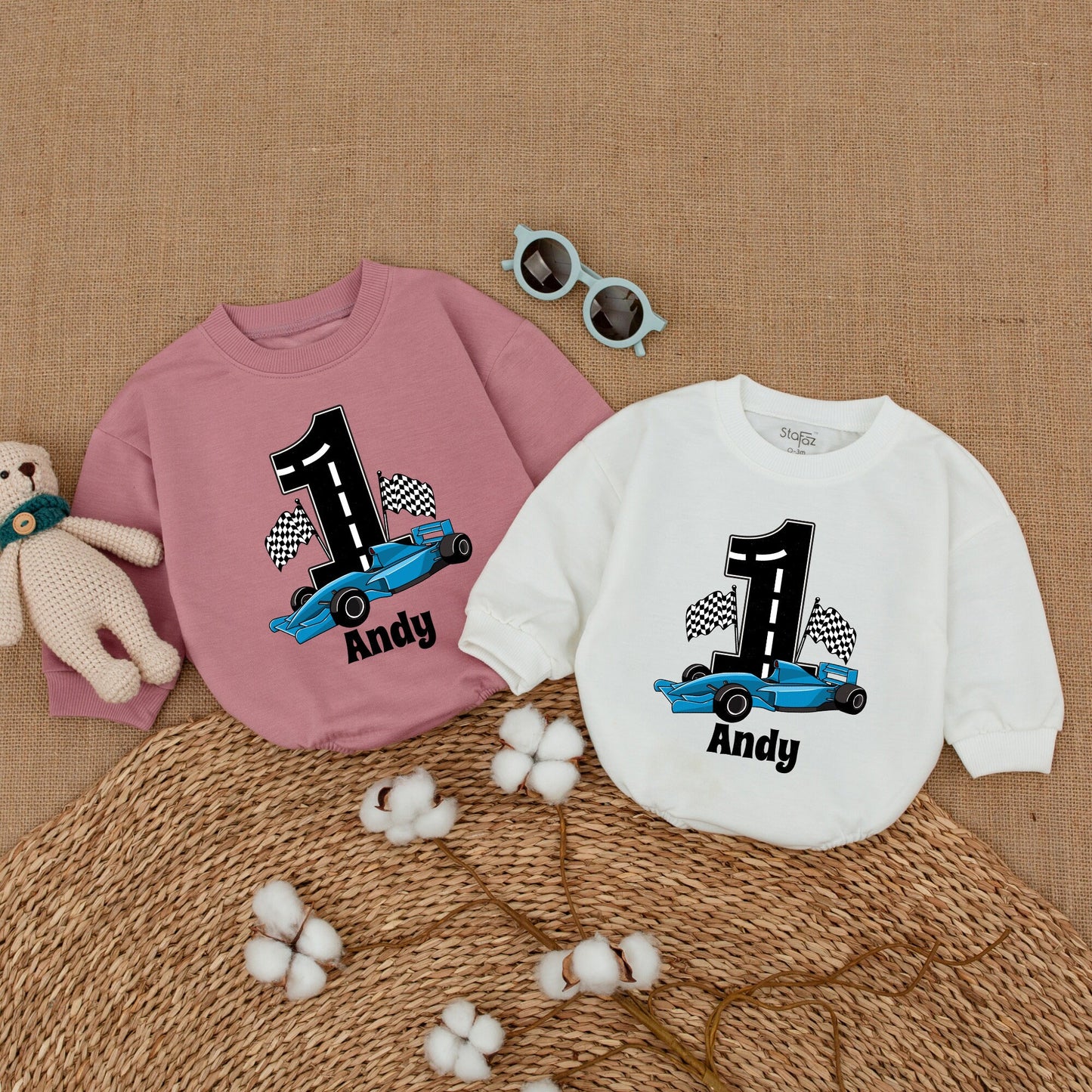 Personalized Open Wheel Race Car First Birthday Romper Baby Boy Checkered Flag Bodysuit with Andy Name Custom Cartoonish Racing Outfit
