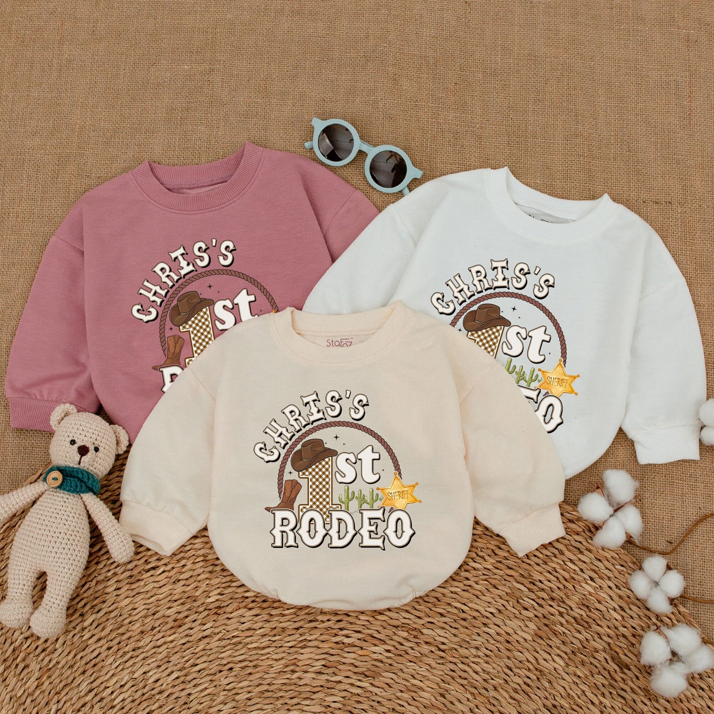 Personalized First Rodeo Birthday Romper Custom Name Western Cowboy Baby Boy Bodysuit Hat Boot Cacti Tan Brown Playful One Year Celebration Gift