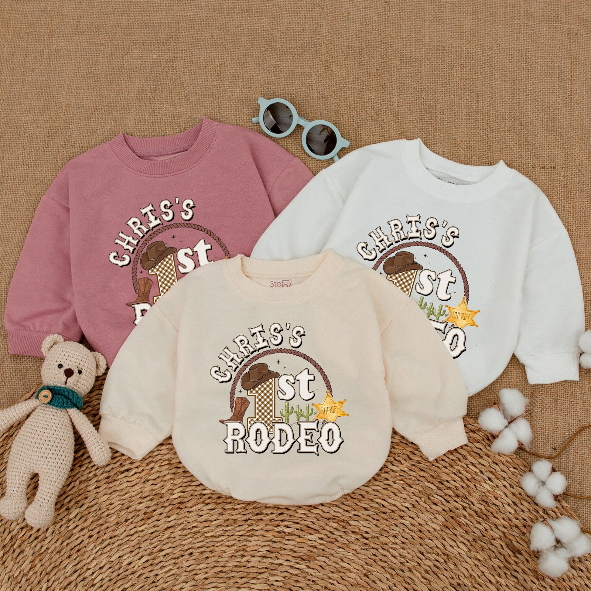 Personalized First Rodeo Birthday Romper Custom Name Western Cowboy Baby Boy Bodysuit Hat Boot Cacti Tan Brown Playful One Year Celebration Gift