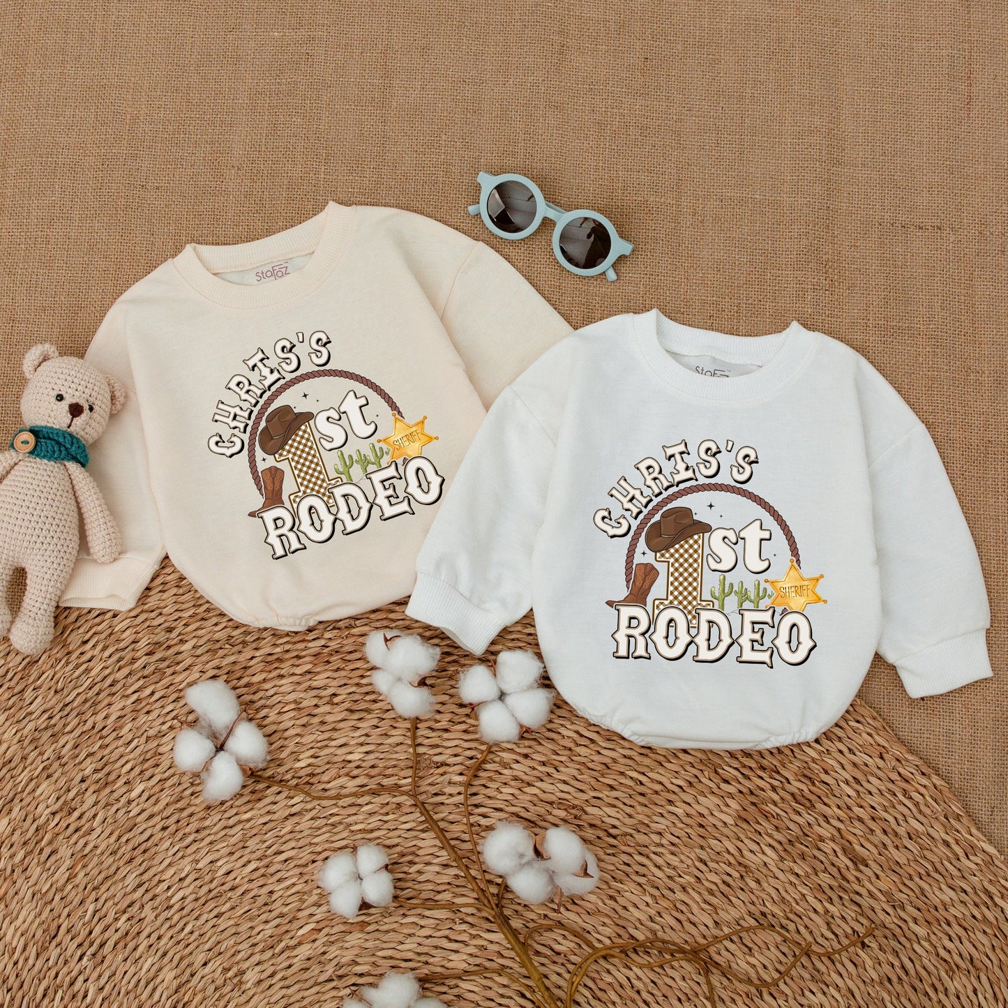 Personalized First Rodeo Birthday Romper Custom Name Western Cowboy Baby Boy Bodysuit Hat Boot Cacti Tan Brown Playful One Year Celebration Gift