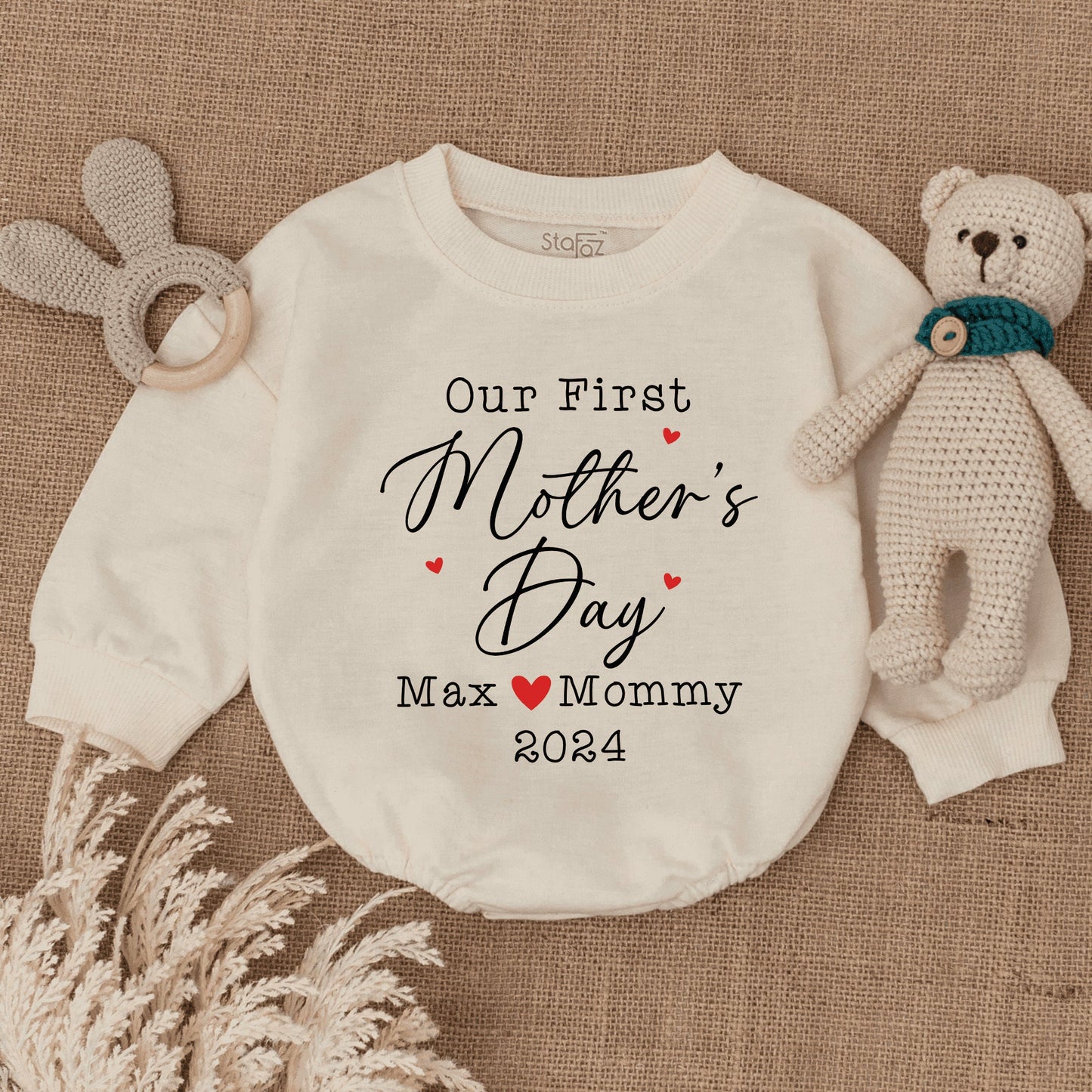 Personalized Our First Mother's Day Baby Romper a cherished gift from baby celebrating their very first special holiday soft infant clothing