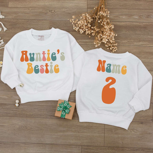 Personalized Auntie's Bestie Retro Baby Romper Name Bodysuit Colorful Vintage Style Newborn Toddler Outfit Adorable Baby Shower Gift Idea