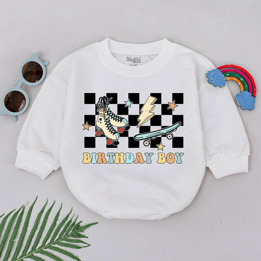 Playful Birthday Boy Bubble Romper First 1st Birthday Baby Boy Outfit featuring retro checkerboard, skateboard, roller skate, lightning, and star graphics