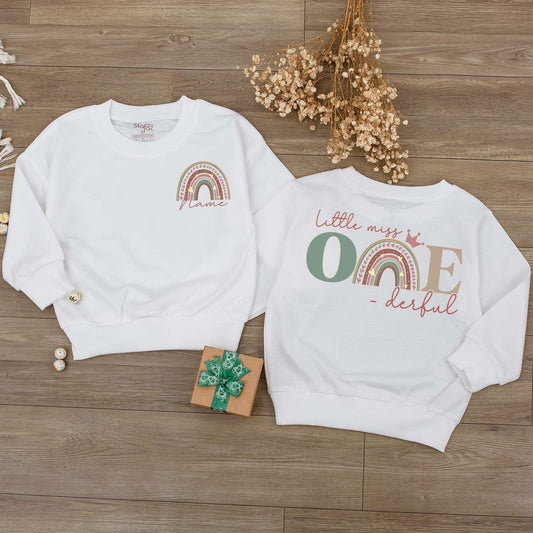 Personalized Little Miss ONE-derful Baby Romper 1st Birthday Outfit Muted Rainbow Crown Design Girl Newborn Sophia Name