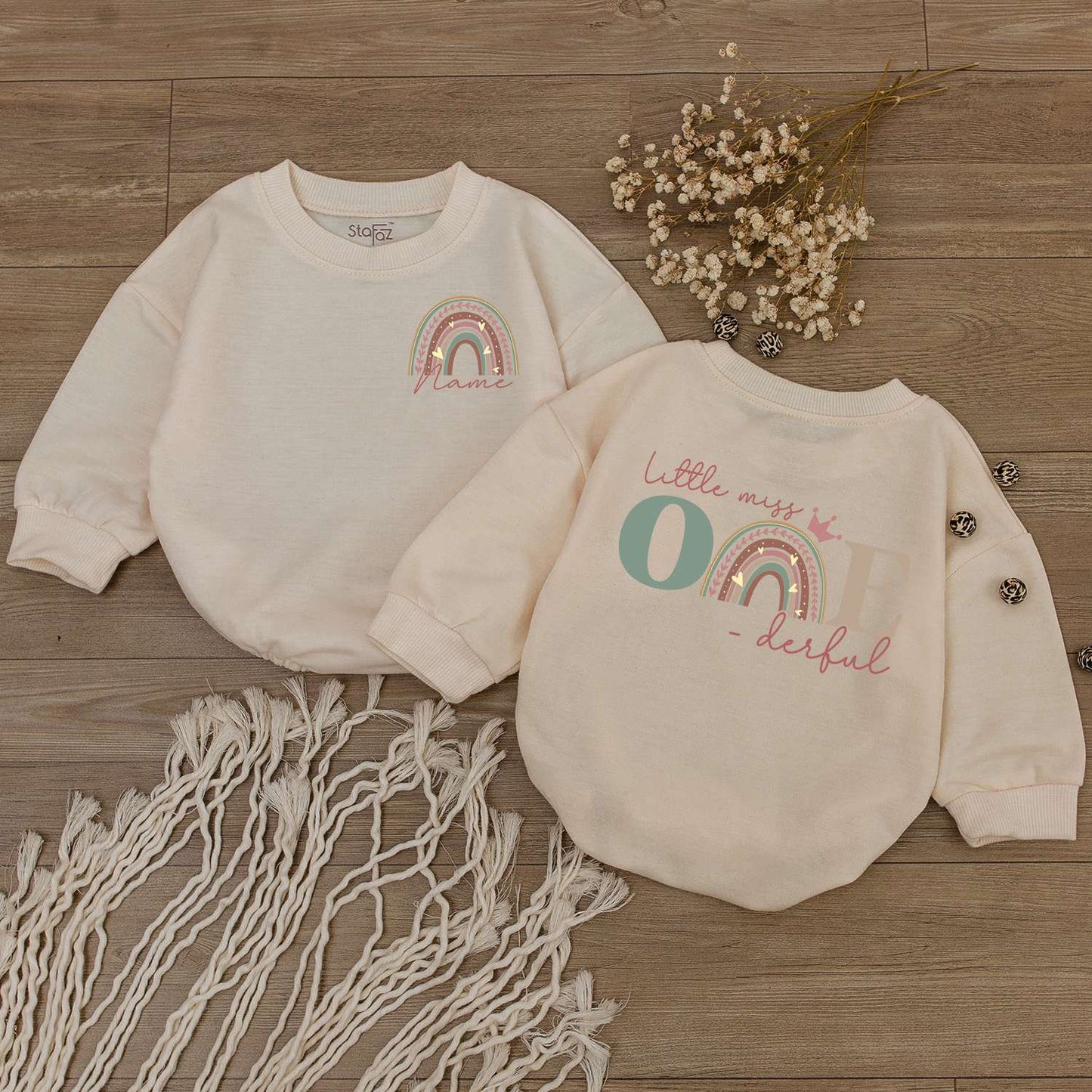 Personalized Little Miss ONE-derful Baby Romper 1st Birthday Outfit Muted Rainbow Crown Design Girl Newborn Sophia Name