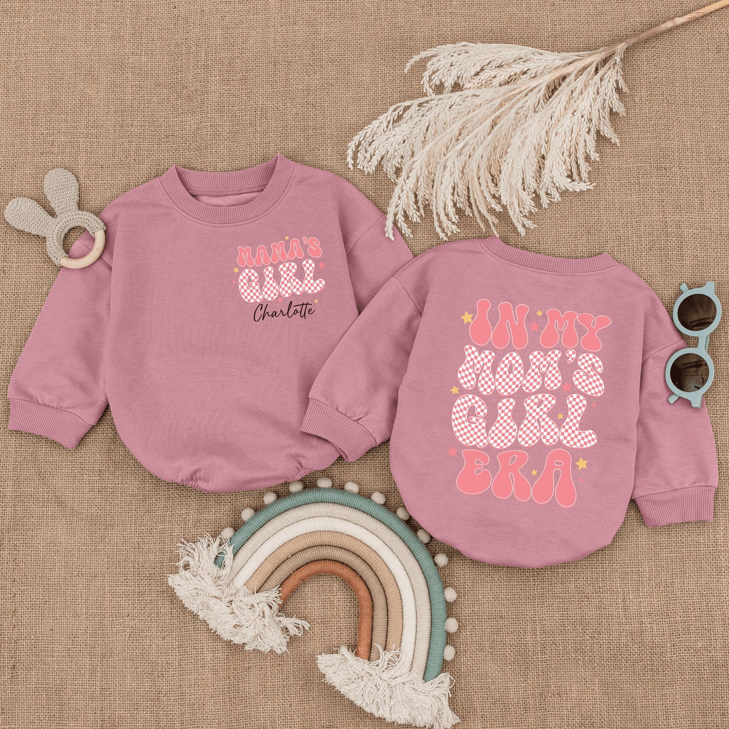 Custom Retro Pink Mama's Girl Romper In My Mom's Girl Era Baby Bodysuit with Checkered Design Yellow Stars Personalized Name 1st Mothers Day Newborn Gift