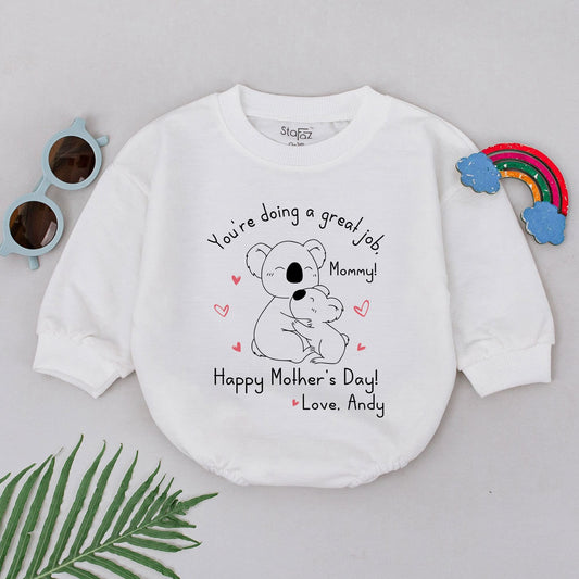 Sweet Custom Mother's Day Baby Girl Romper Koala Hug Design "You're Doing a Great Job, Mommy!" Newborn Shower Gift