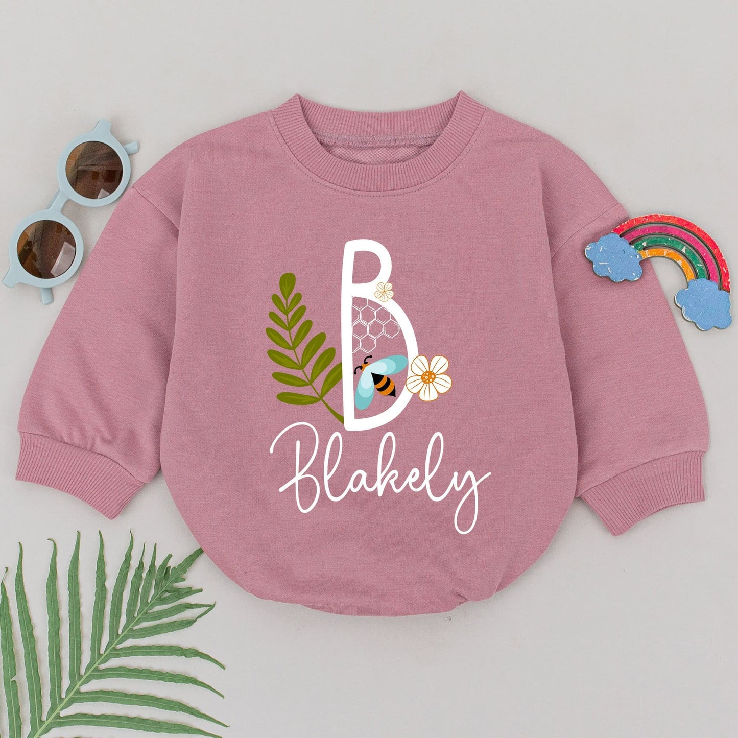 Personalized Baby Bodysuit with Scripted Name, Bee Initial Floral Honeycomb Print, Cute Newborn Coming Home Outfit Shower Gift for Boys Girls