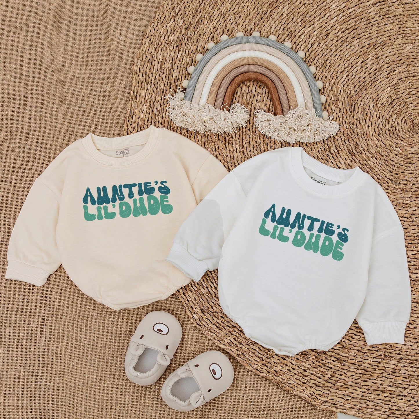 Auntie's Lil Dude Retro Romper Baby Boy Outfit Vintage Teal Font Adorable Gift for New Aunt